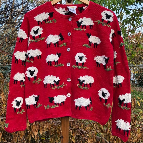 Vintage Sweaters - Talbots Hand Knit Sheep Cardigan